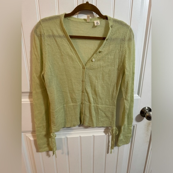 Moth Anthropologie Green Mohair/Wool Blend Cardigan w/ Jewel Flower Buttons - Picture 2 of 7